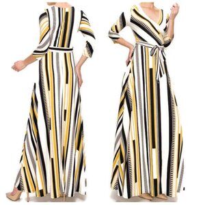 Janette Fashion Mustard Black White Striped Faux Wrap Maxi Dress